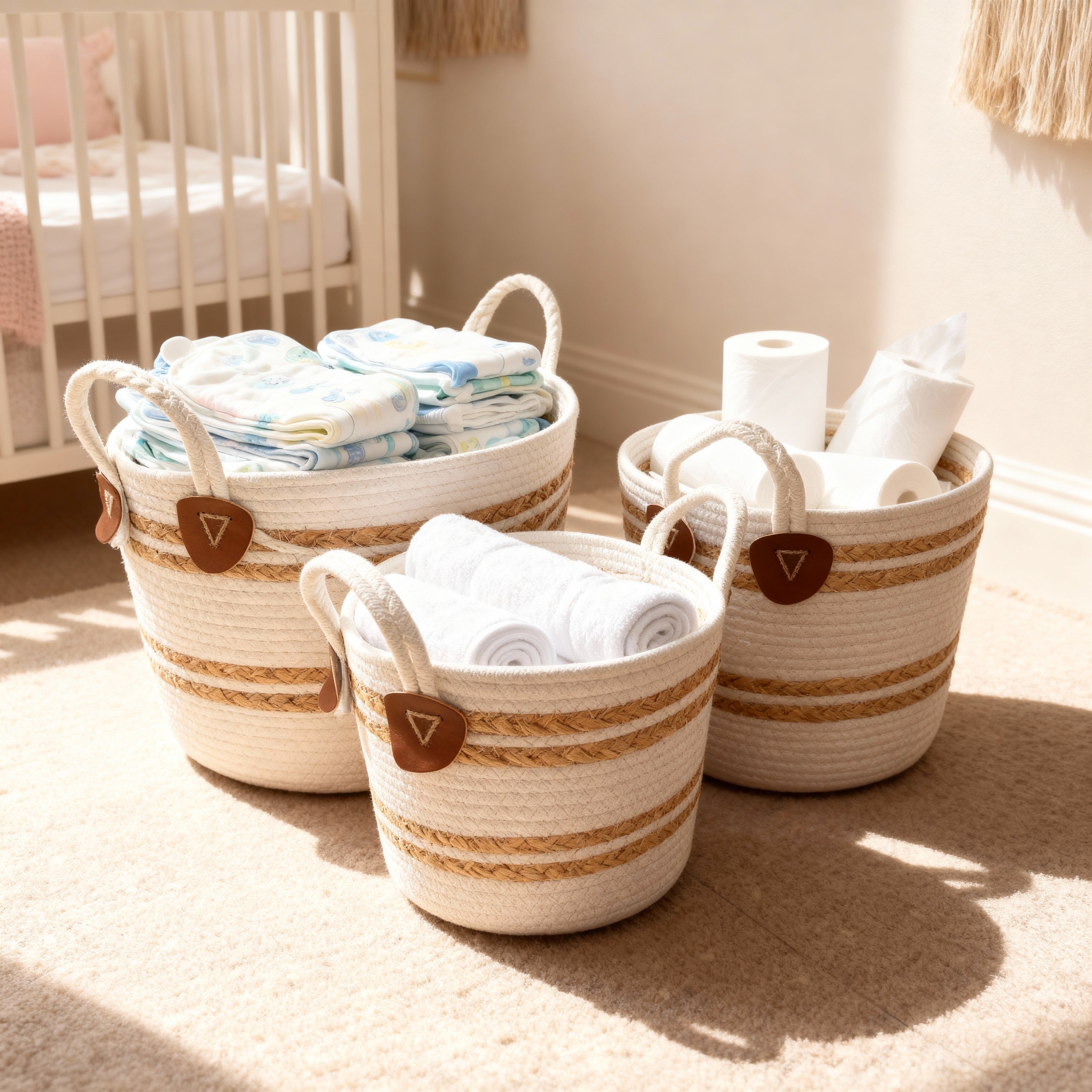 Handled Woven Storage Basket Set – 3 Pieces