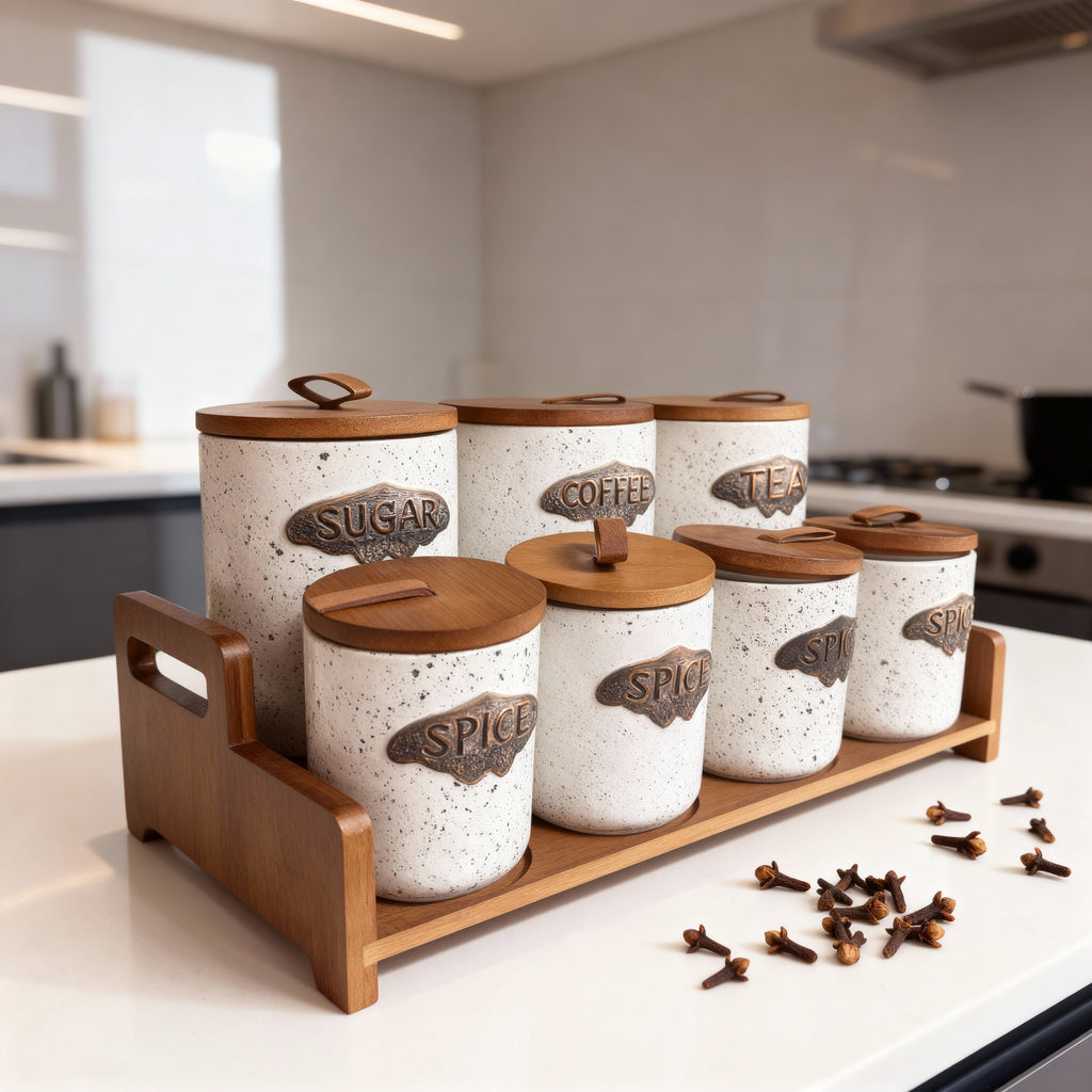 Spice Jar Set with Wooden Rack – 7 Pieces