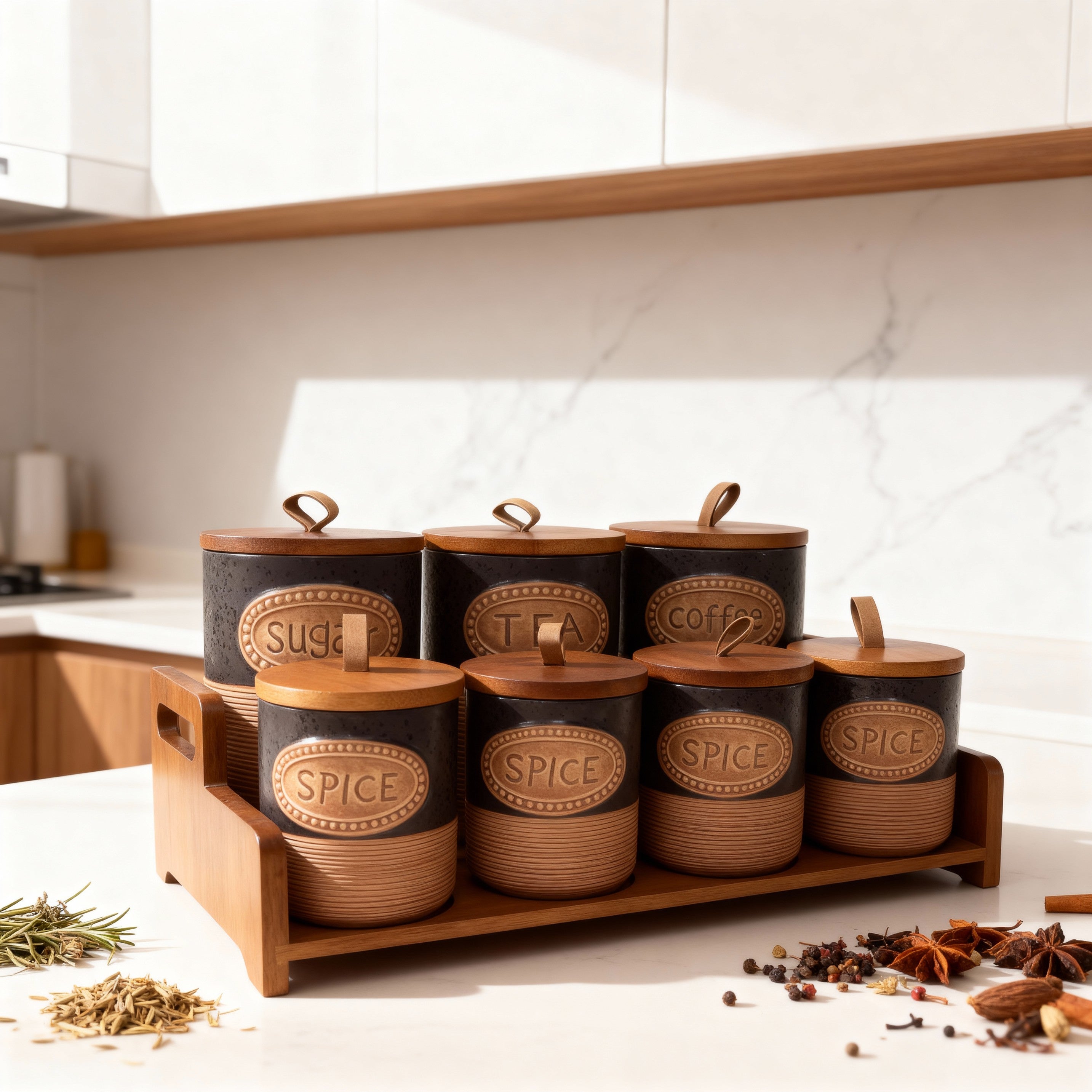 Spice Jar Set with Wooden Rack – 7 Pieces