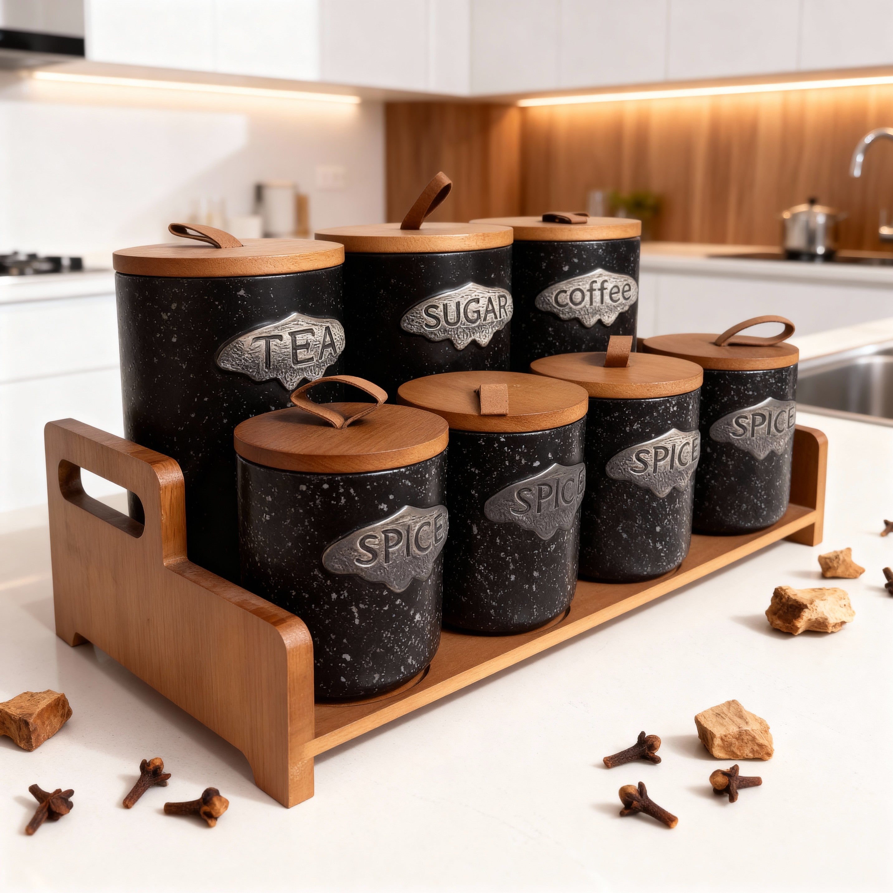 Spice Jar Set with Wooden Rack – 7 Pieces