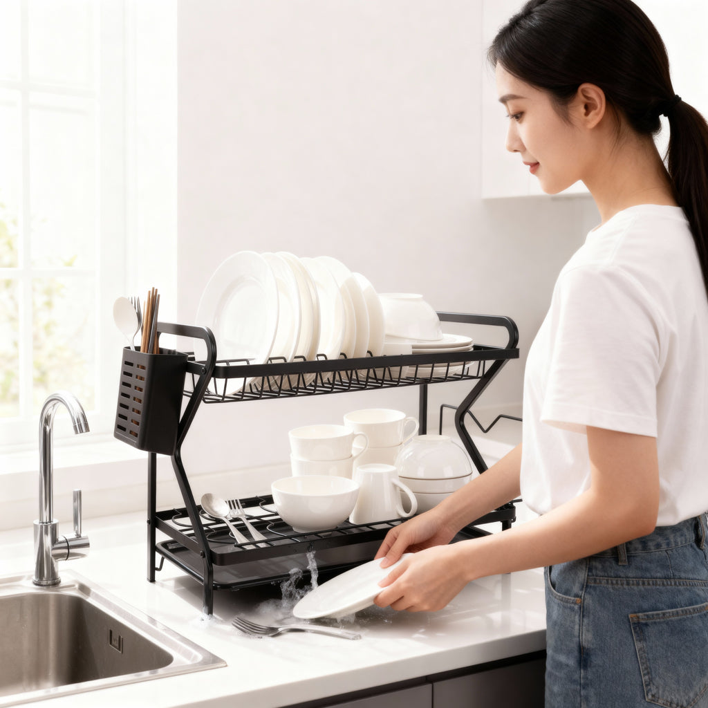 Two-Tier Steel Dish Drying Rack with Utensil Holder