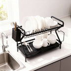 Two-Tier Steel Dish Drying Rack with Utensil Holder