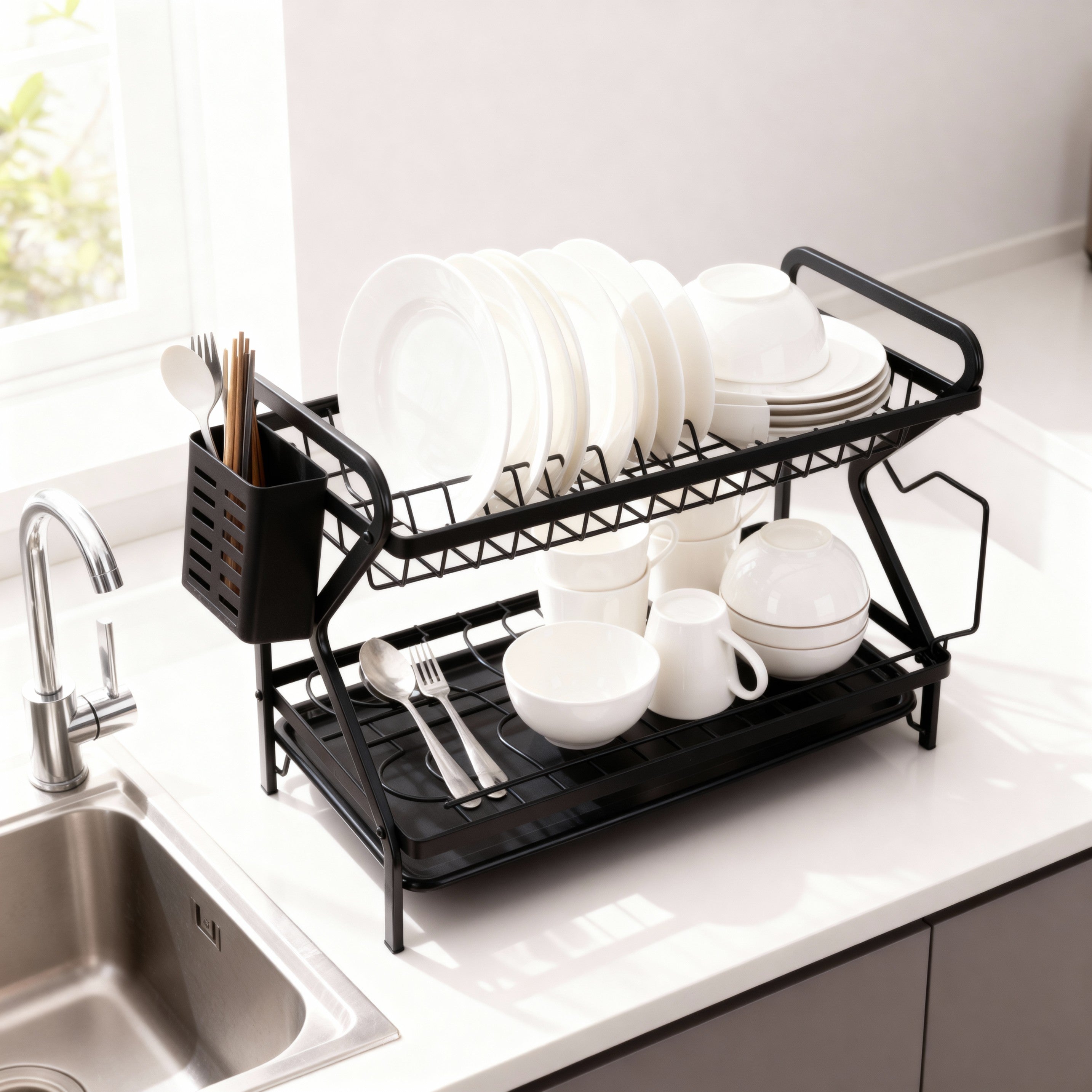 Two-Tier Steel Dish Drying Rack with Utensil Holder