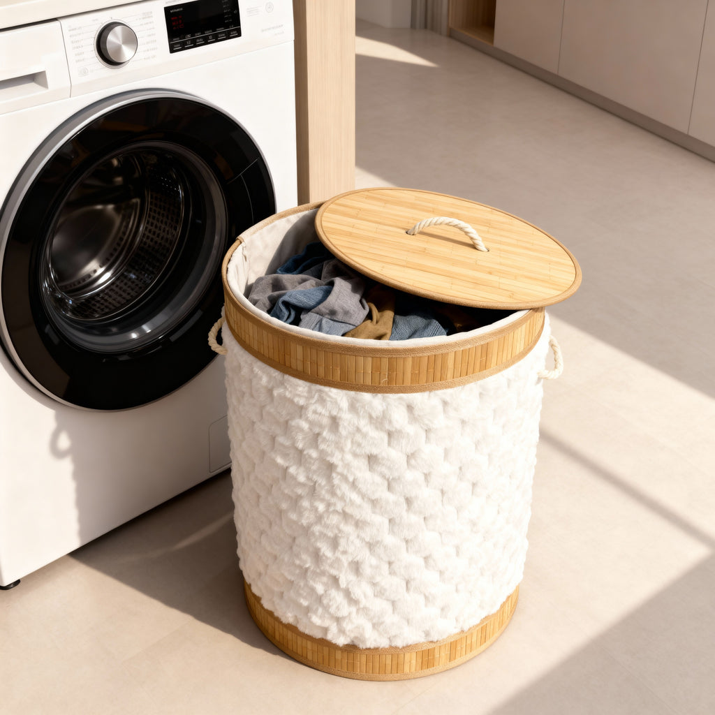 Round Plush Bamboo Laundry Basket