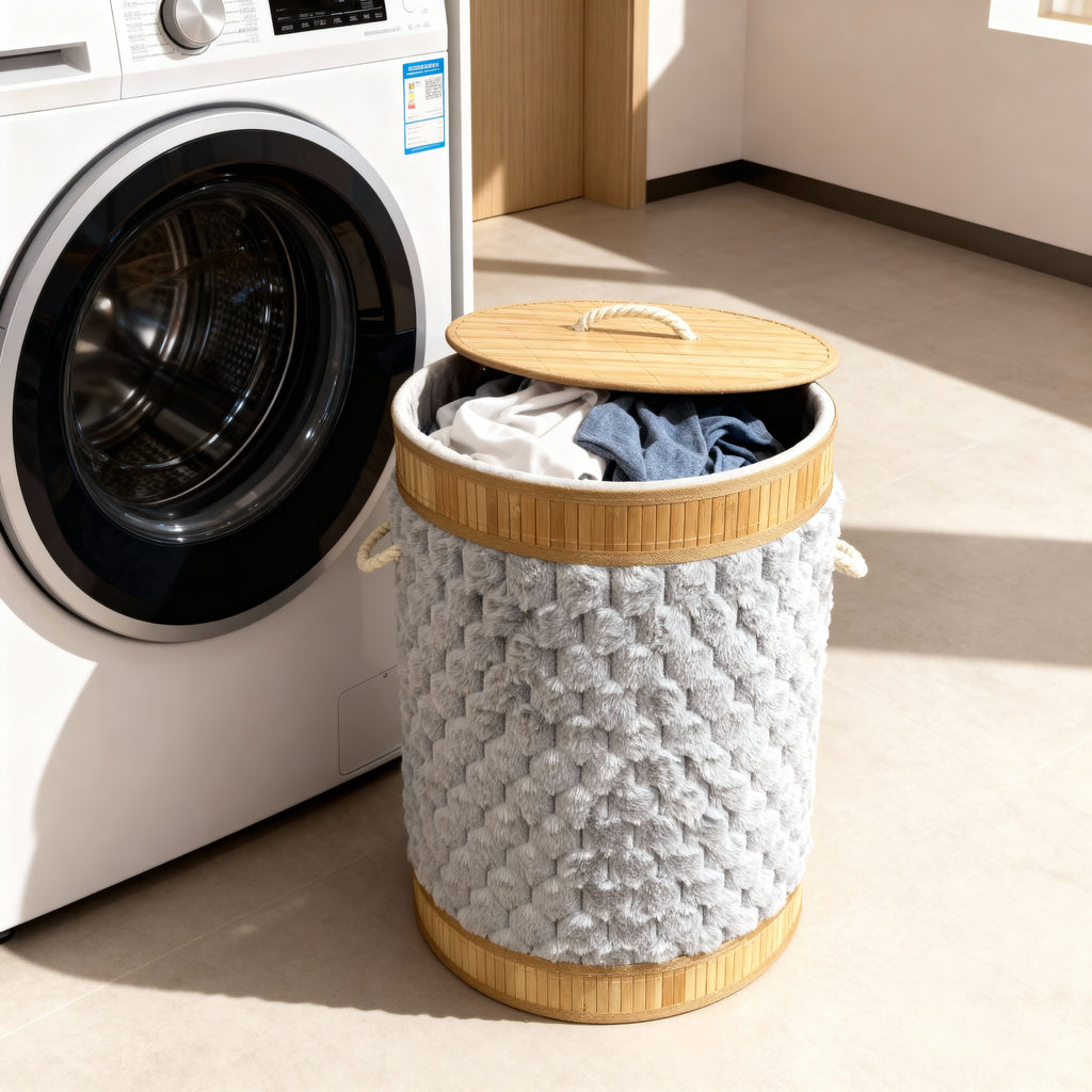 Round Plush Bamboo Laundry Basket