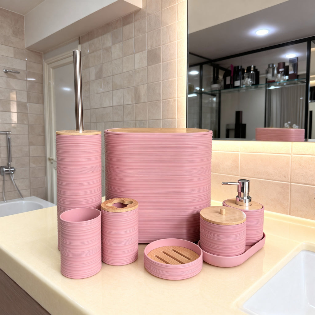 Bathroom Accessories Set with Bamboo Lids – 8 Pieces