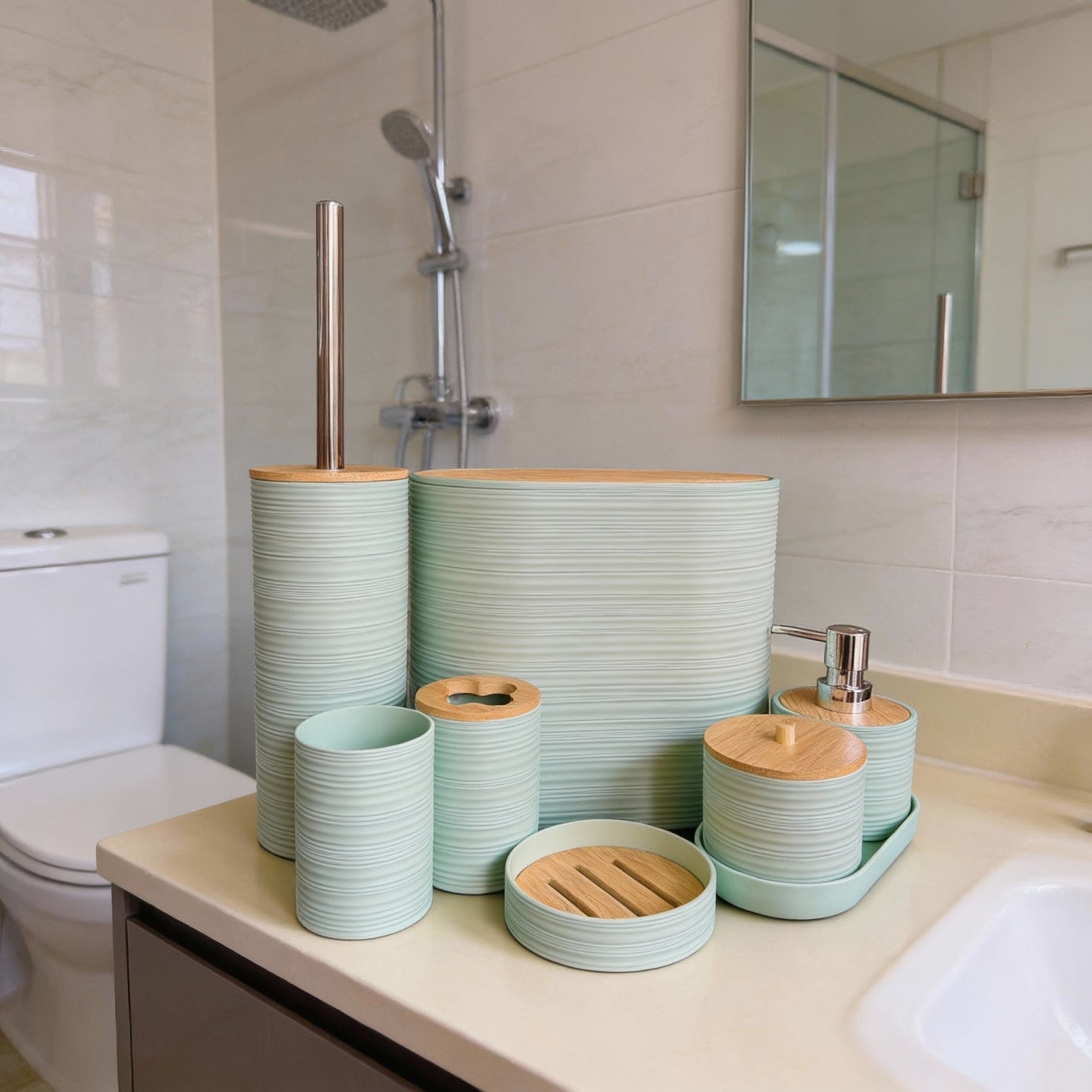 Bathroom Accessories Set with Bamboo Lids – 8 Pieces
