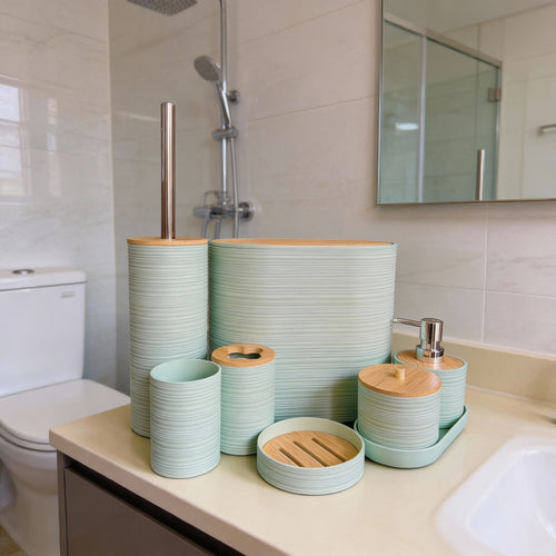 Bathroom Accessories Set with Bamboo Lids – 8 Pieces