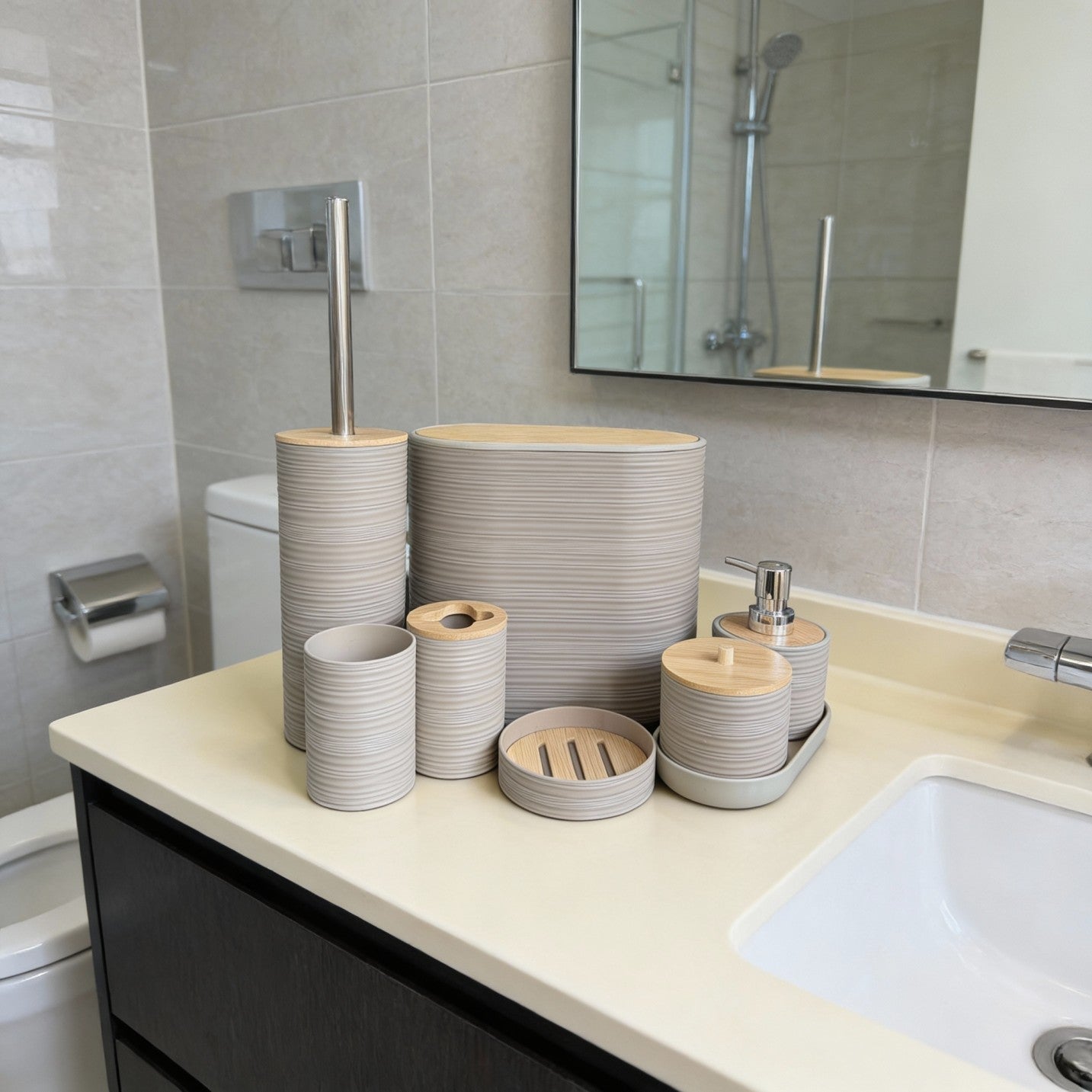 Bathroom Accessories Set with Bamboo Lids – 8 Pieces