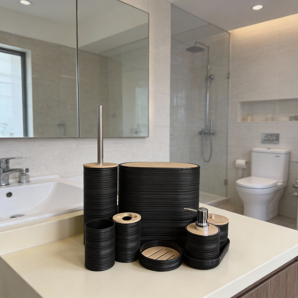 Bathroom Accessories Set with Bamboo Lids – 8 Pieces