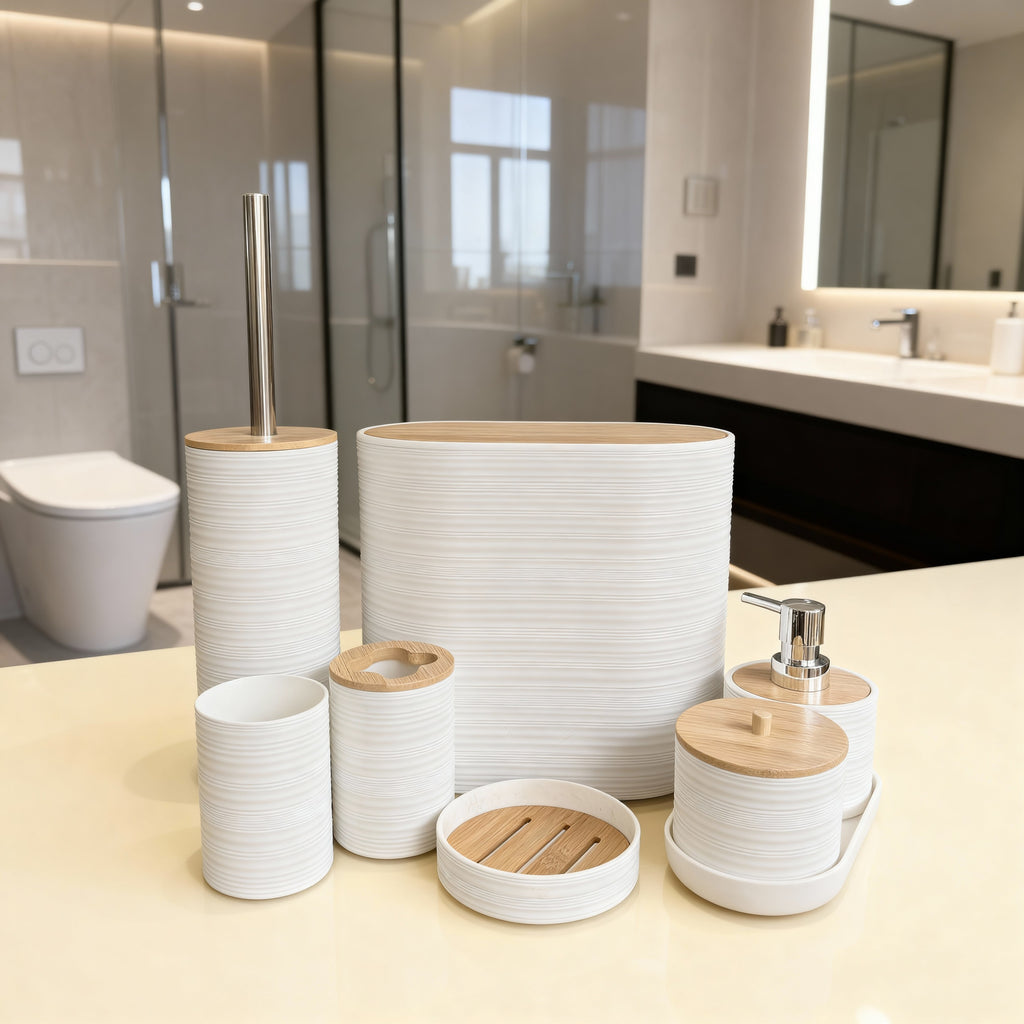Bathroom Accessories Set with Bamboo Lids – 8 Pieces
