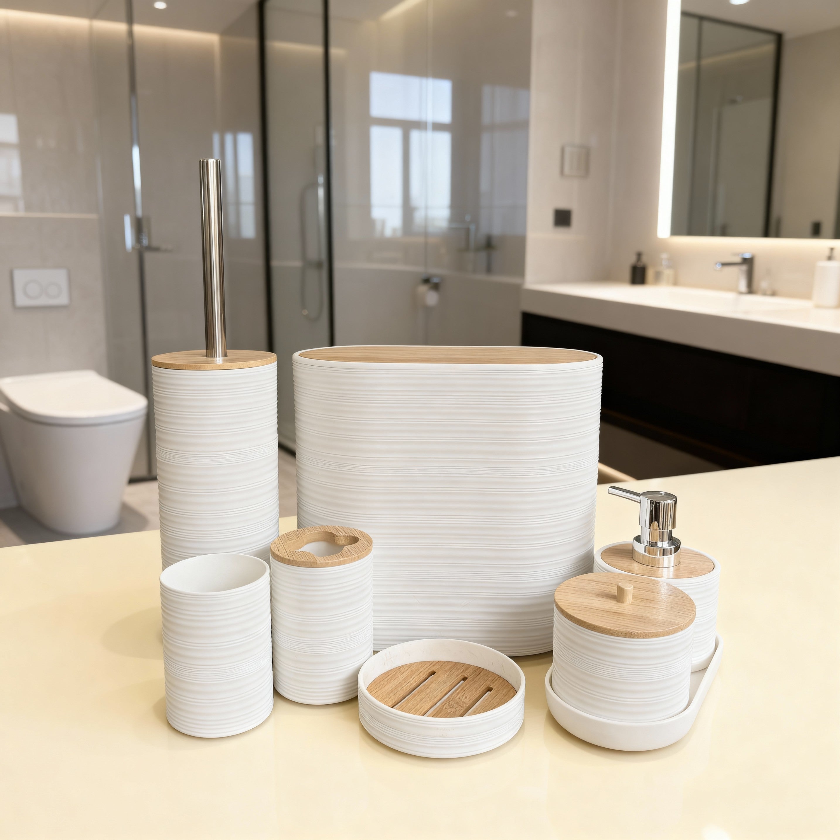 Bathroom Accessories Set with Bamboo Lids – 8 Pieces